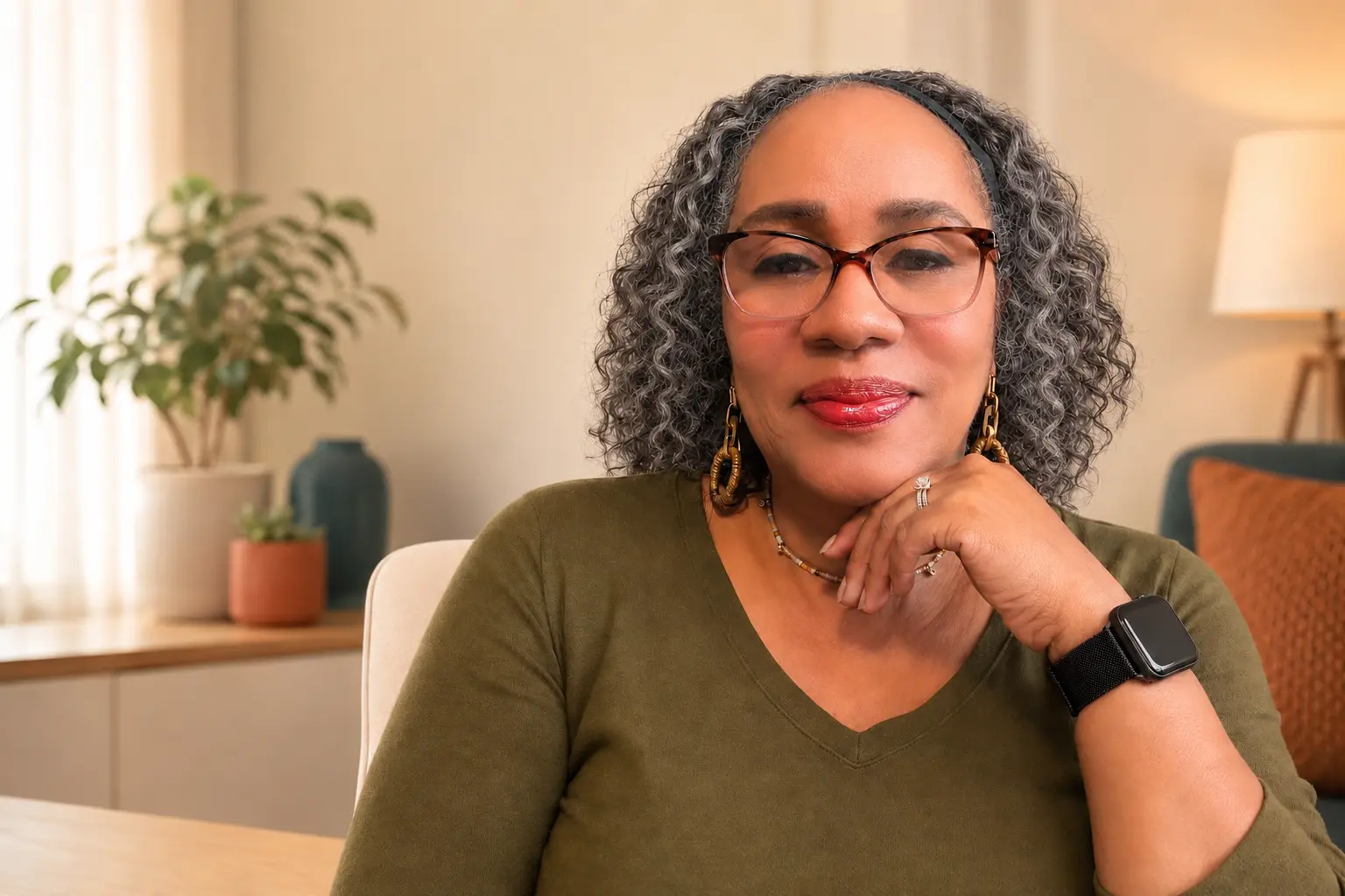 Stacy L. Scott, Registered Nurse and Certified Transformative Nurse Coach, seated at a table in an olive top, smiling warmly